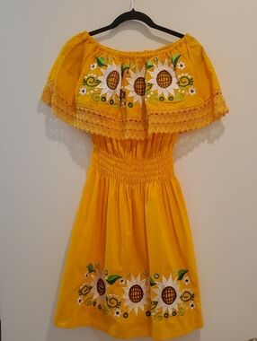 Yellow Off-Shoulder Floral Embroidered Casual Dress